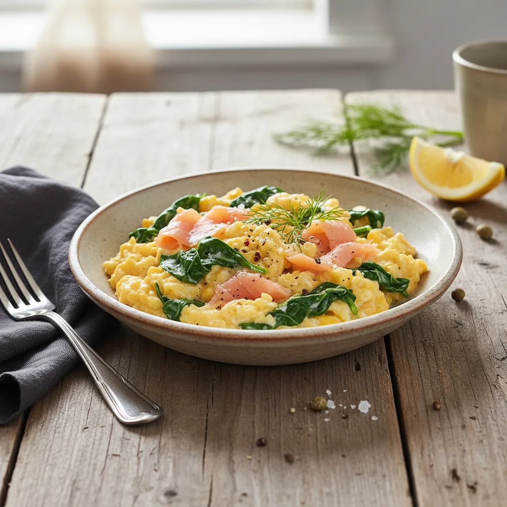 Äggröra med lax och spenat