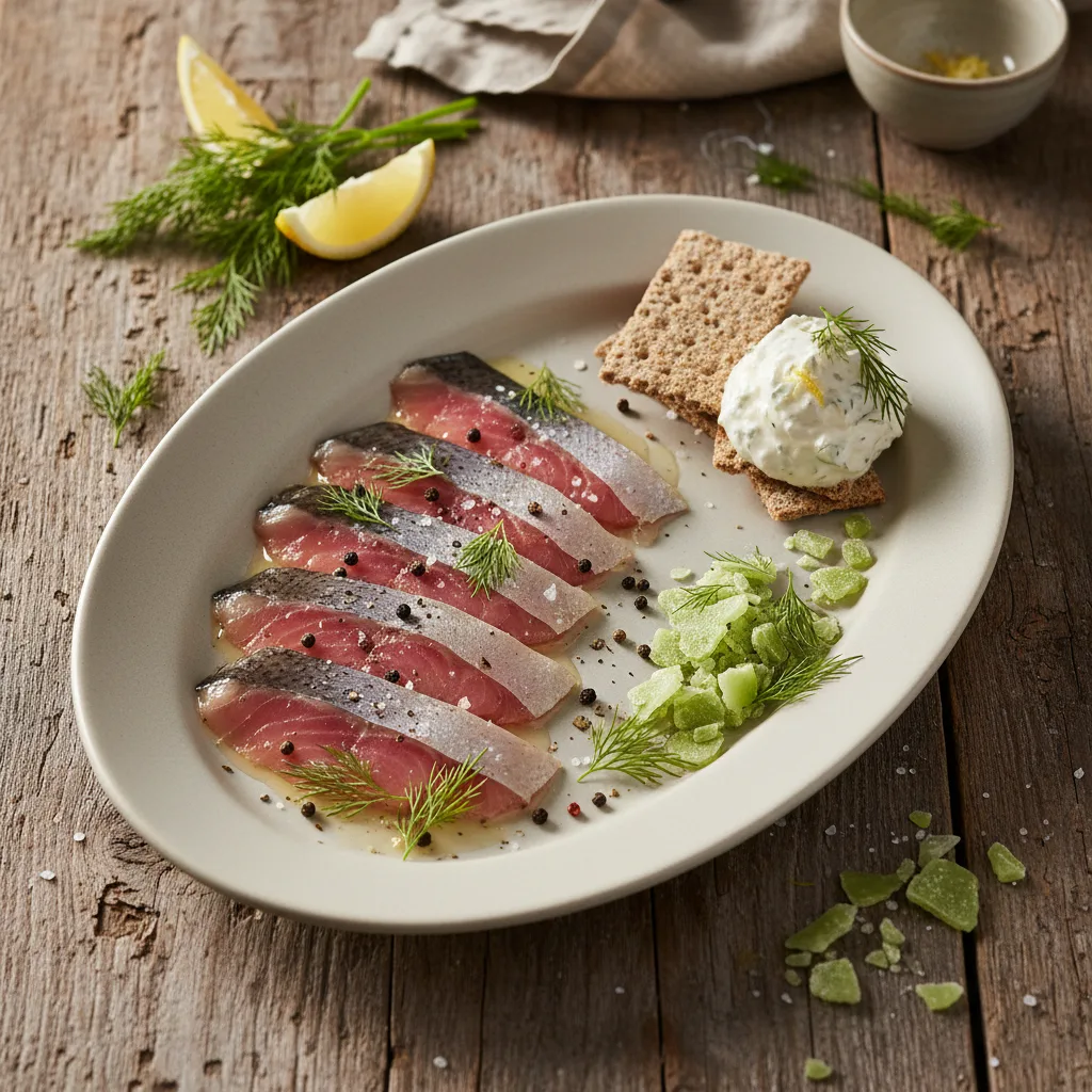 Gravad Regnbåge med Pepparrotscrème och Dillgranité