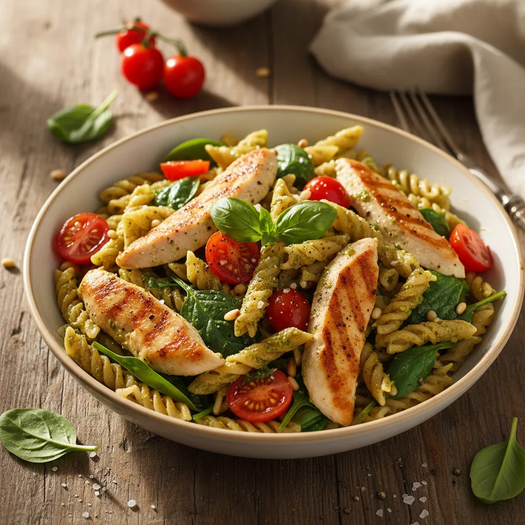 Kycklingpasta med pesto och körsbärstomater