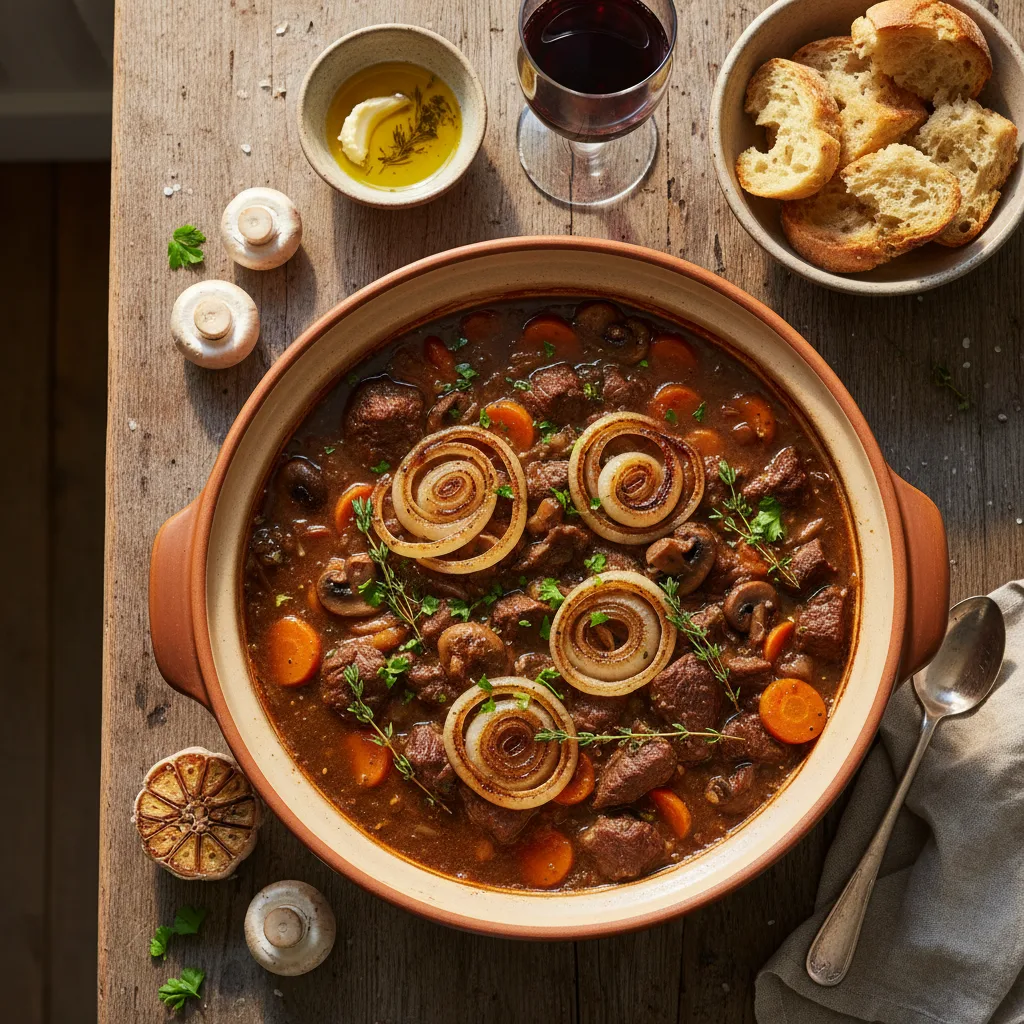 Långkokt Högrevsgryta med Karamelliserad Lök och Rostade Champinjoner
