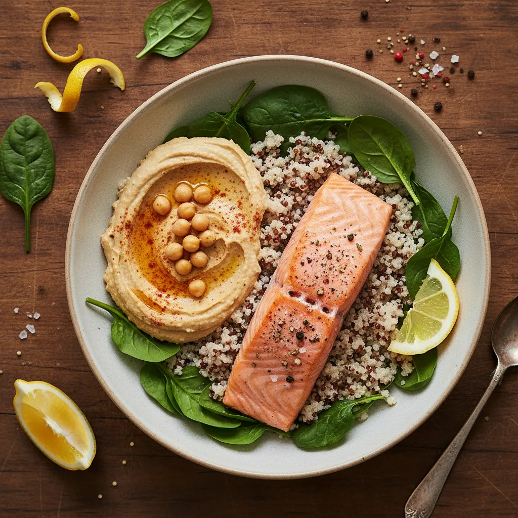 Laxbowl med quinoa spenat och hummus