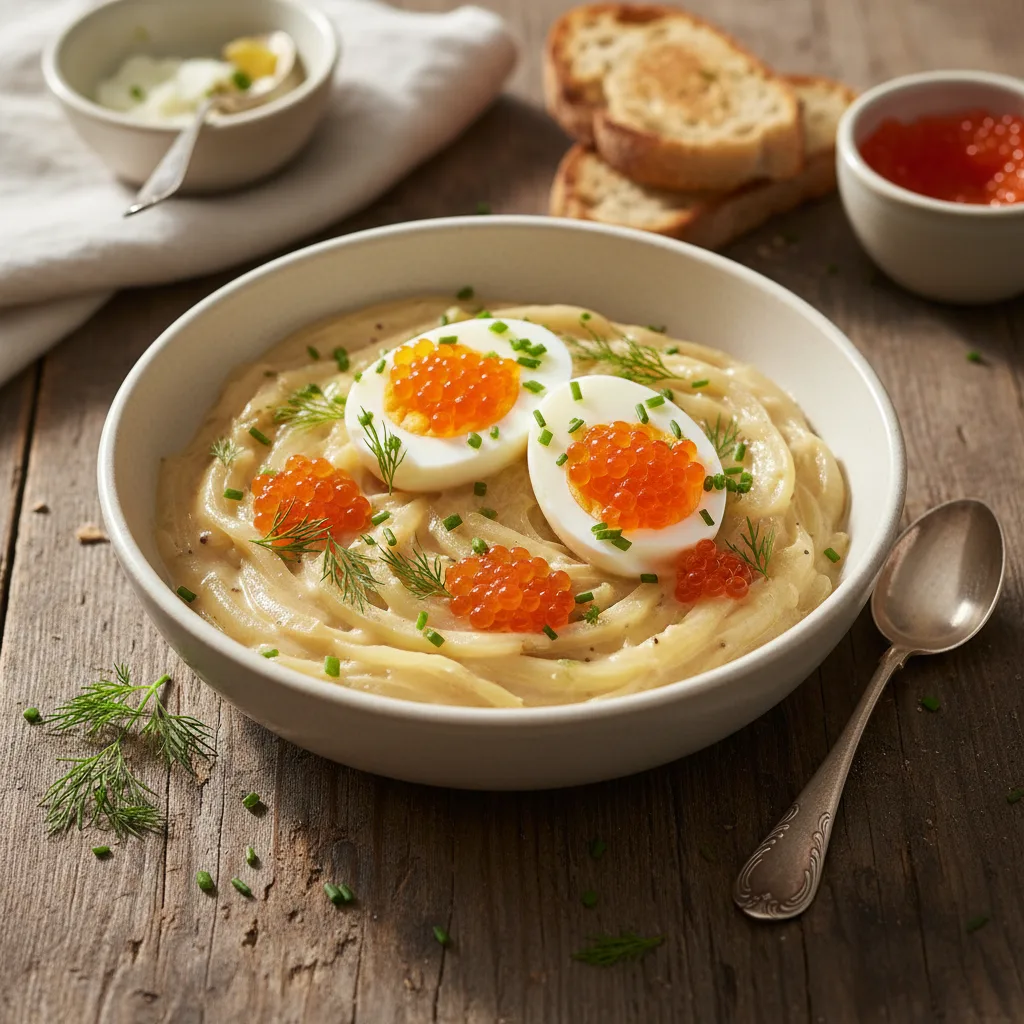 Lökstuva med ägg och kaviar