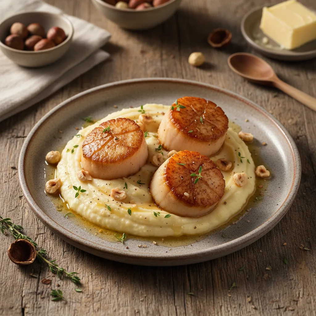 Pilgrimsmussla med Blomkålspuré och Hasselnötter