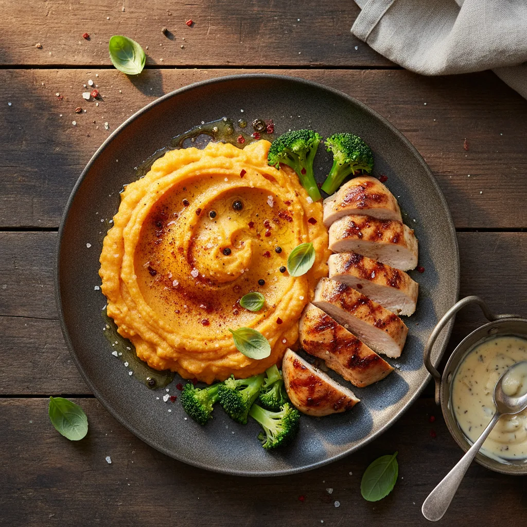 Sötpotatismos med grillad kyckling