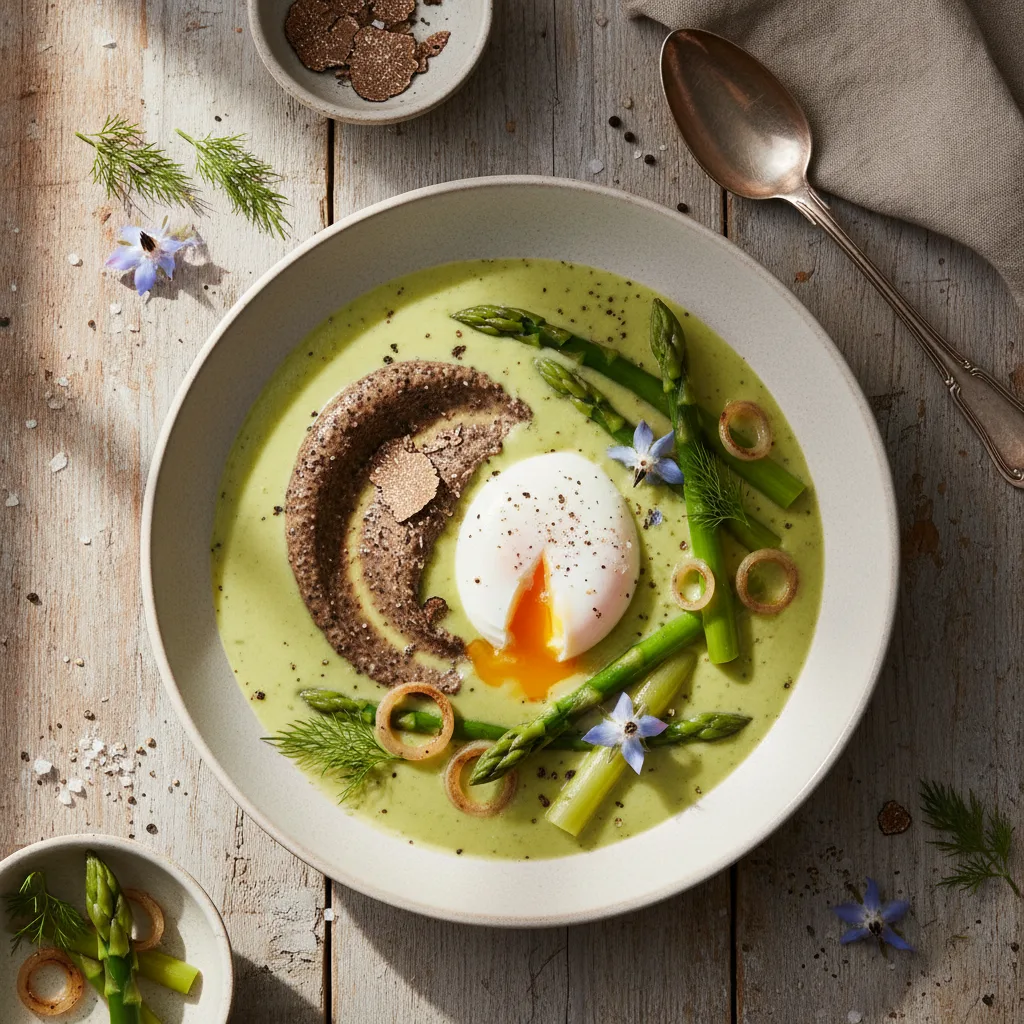 Sparrisvelouté med Pocherat Ägg och Tryffelcreme