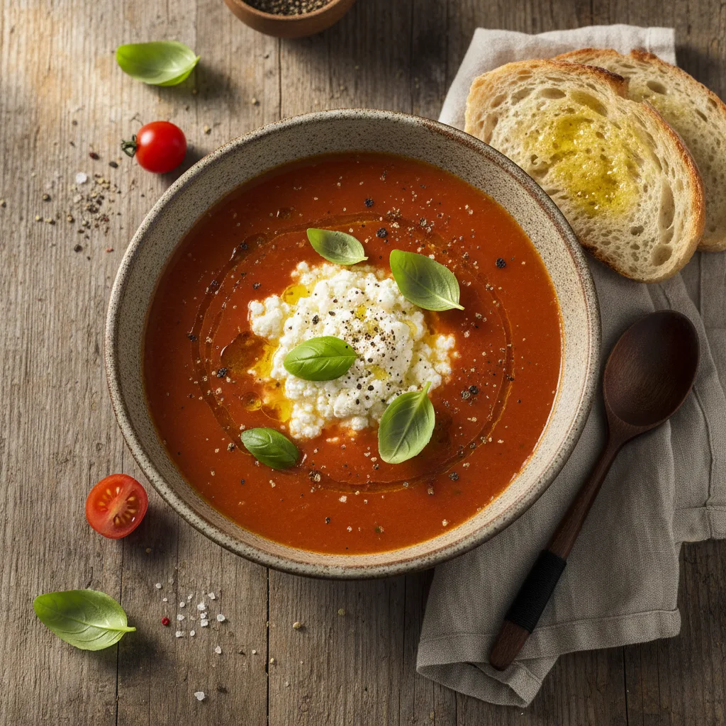 Tomatsoppa med keso och basilika